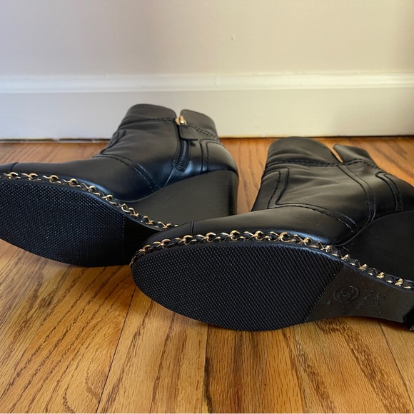 CHANEL Black Lambskin Leather Gold Chain Around Wedge Ankle
Boots Booties - Picture 3 of 11